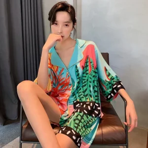 OUDINA Casual Plant Print Pearl Button Short Sleeve Home Clothes Shorts Outfits Two Piece Sets Women Clothing Shorts