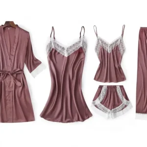 5pcs Suit Ladies Sexy Silk Satin Pajama Set Female Lace Pajama Set Sleepwear Autumn Winter Home Wear Nightwear for Women
