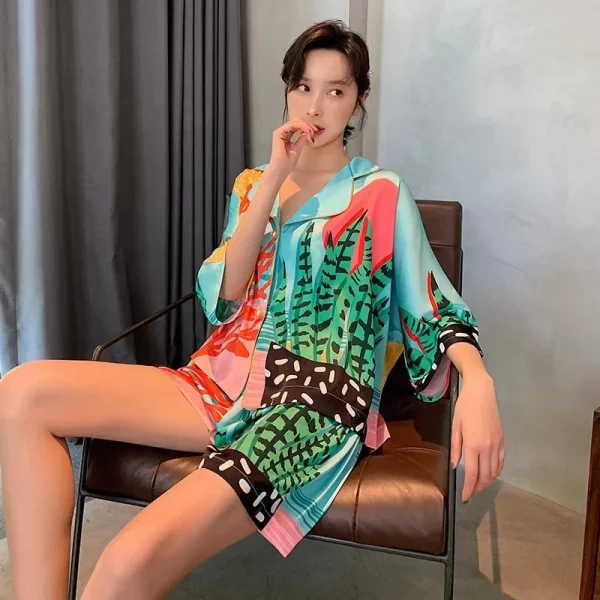 OUDINA Casual Plant Print Pearl Button Short Sleeve Home Clothes Shorts Outfits Two Piece Sets Women Clothing Shorts - Image 2
