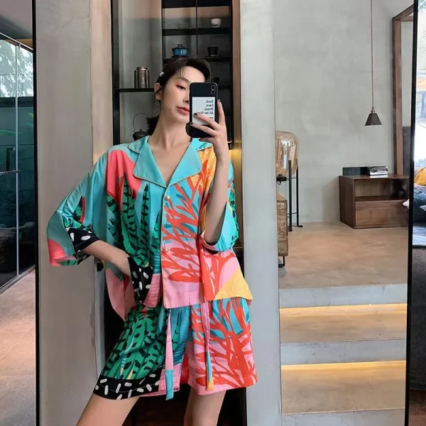 OUDINA Casual Plant Print Pearl Button Short Sleeve Home Clothes Shorts Outfits Two Piece Sets Women Clothing Shorts - Image 6