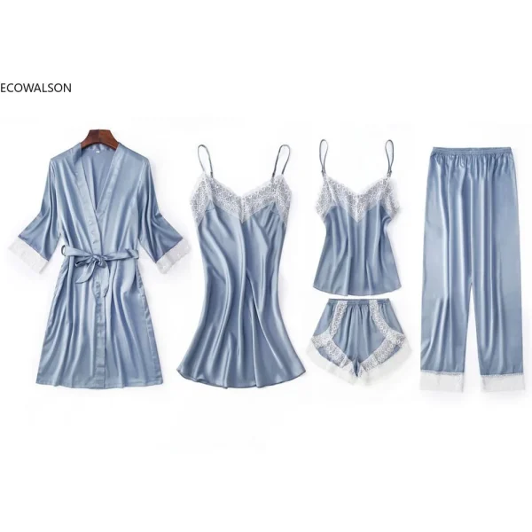 5pcs Suit Ladies Sexy Silk Satin Pajama Set Female Lace Pajama Set Sleepwear Autumn Winter Home Wear Nightwear for Women - Image 6