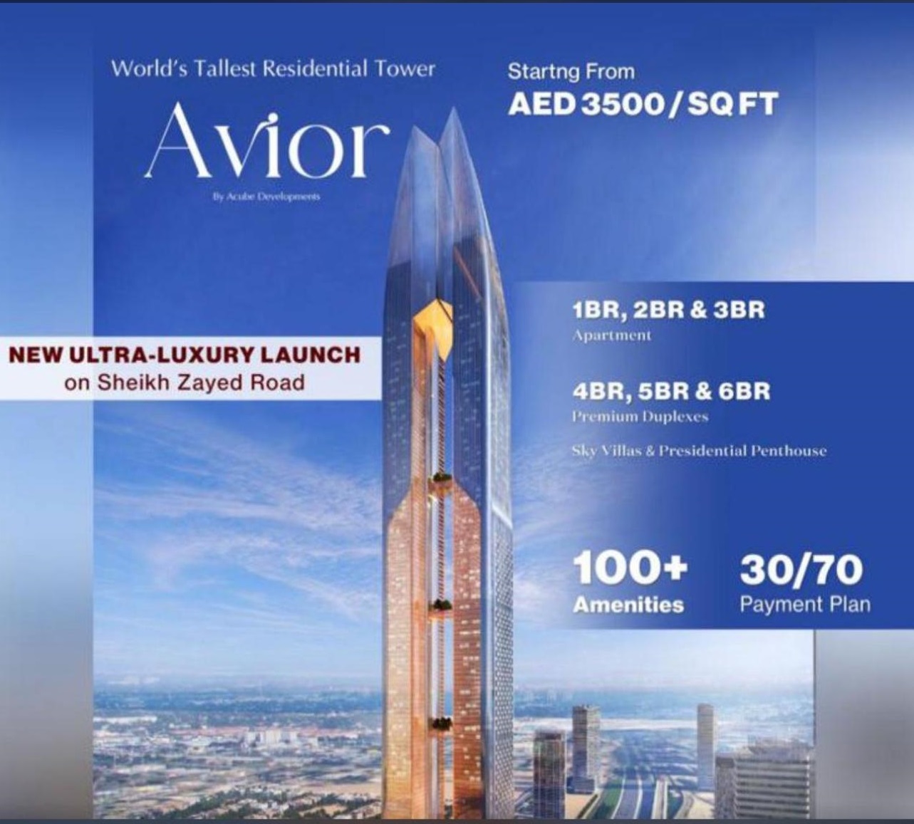 Pre-Launch of Avior – the World’s Tallest Residential Tower on Sheikh Zayed Road by Acube Development